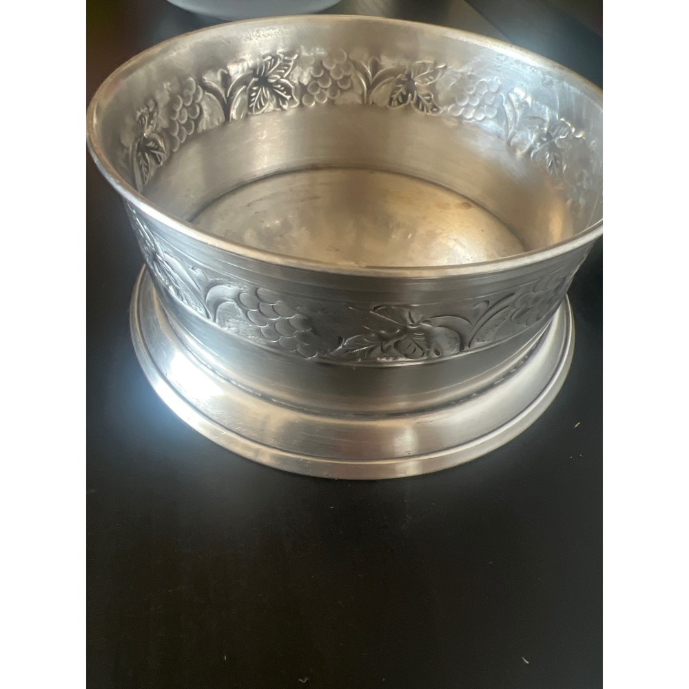 Pottery Barn Wine Bottle Coaster Pewter Grapevine Embossed Metal Decorative Bowl